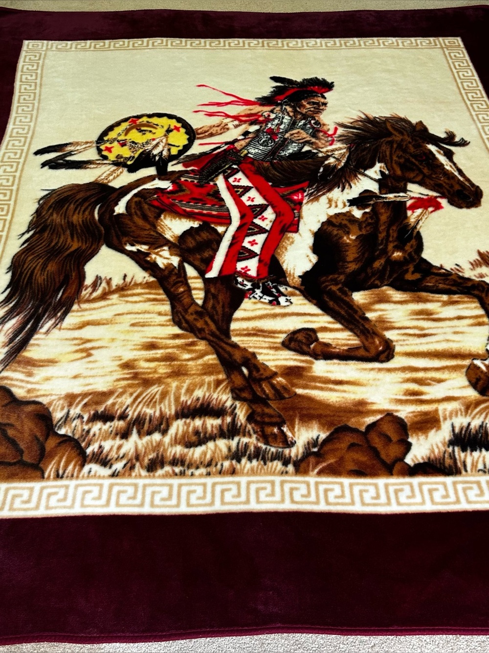 Vintage Heavy Korean Mink Blanket Native American Warrior Horse Plush  78x86 EUC